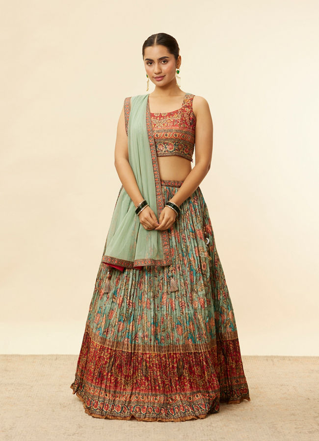 alt message - Mohey Women Sea Green and Rust Floral Printed Lehenga image number 0