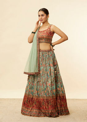 alt message - Mohey Women Sea Green and Rust Floral Printed Lehenga image number 2