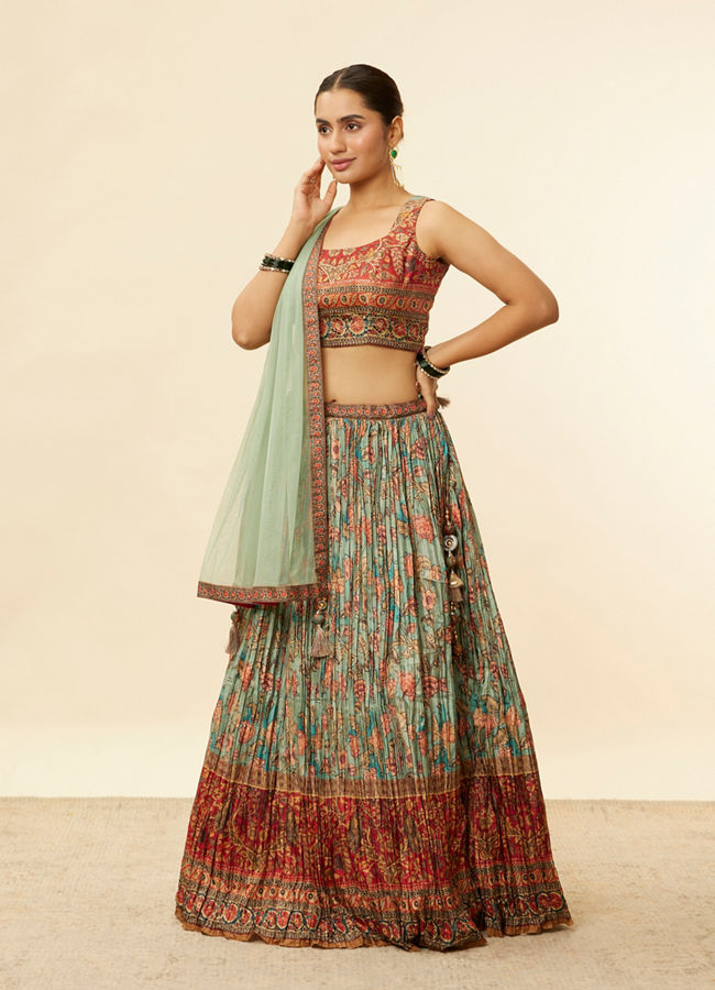 alt message - Mohey Women Sea Green and Rust Floral Printed Lehenga image number 2