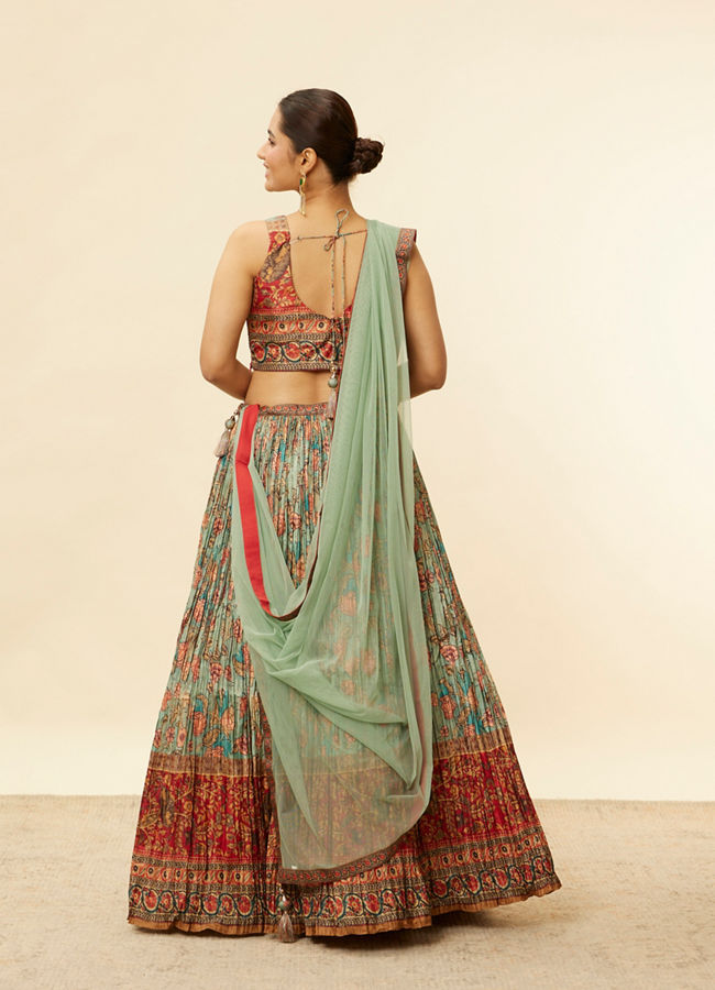 alt message - Mohey Women Sea Green and Rust Floral Printed Lehenga image number 4