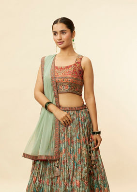 alt message - Mohey Women Sea Green and Rust Floral Printed Lehenga image number 1