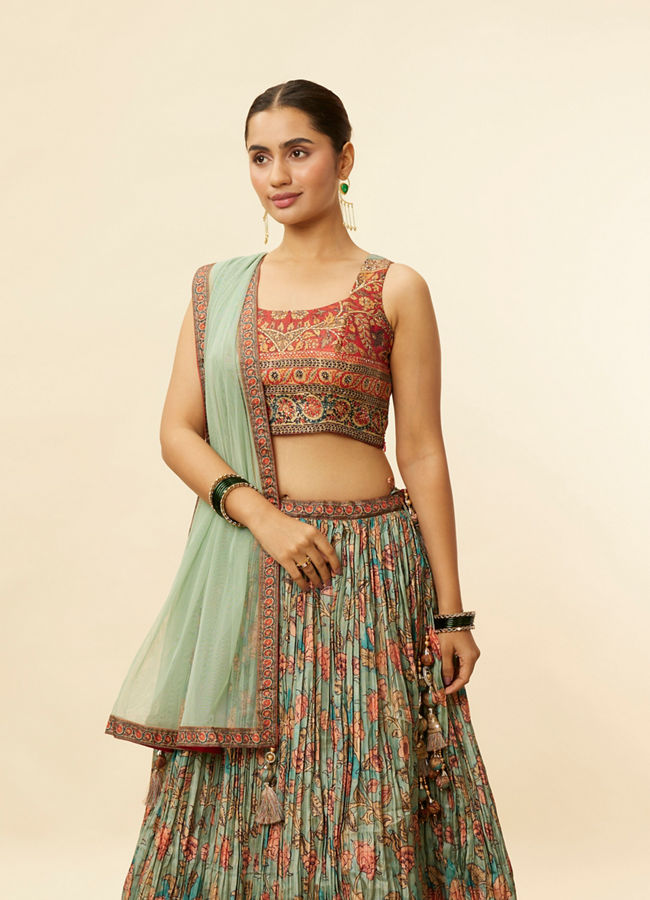 alt message - Mohey Women Sea Green and Rust Floral Printed Lehenga image number 1