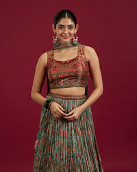 Mohey Women Sea Green and Rust Floral Printed Lehenga