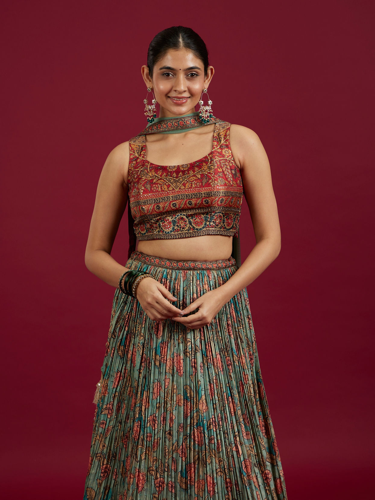 Mohey Women Sea Green and Rust Floral Printed Lehenga