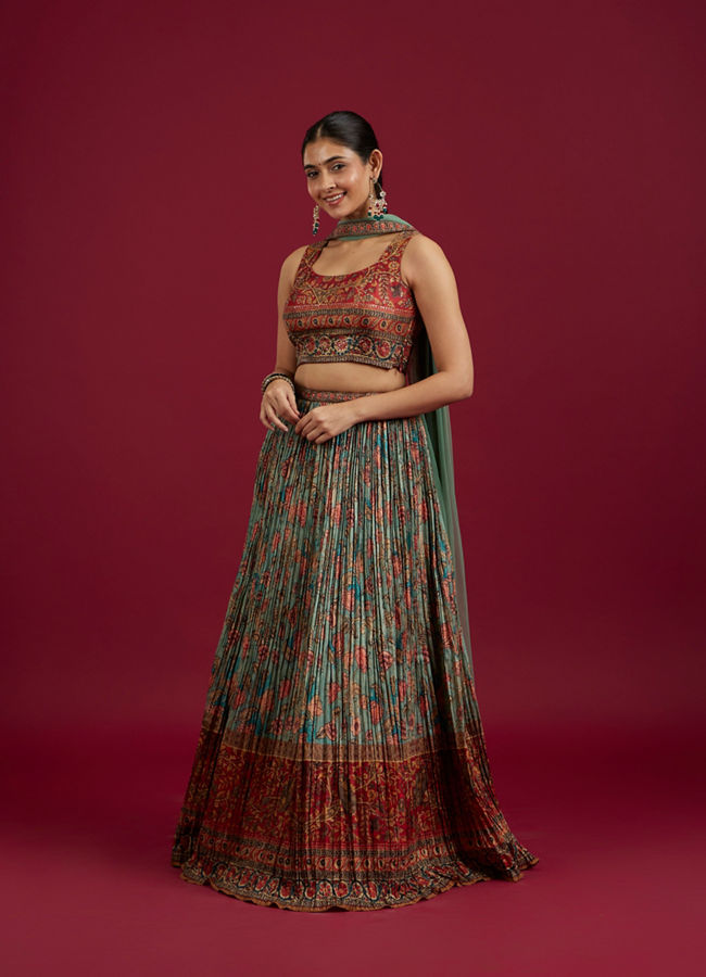 Mohey Women Sea Green and Rust Floral Printed Lehenga