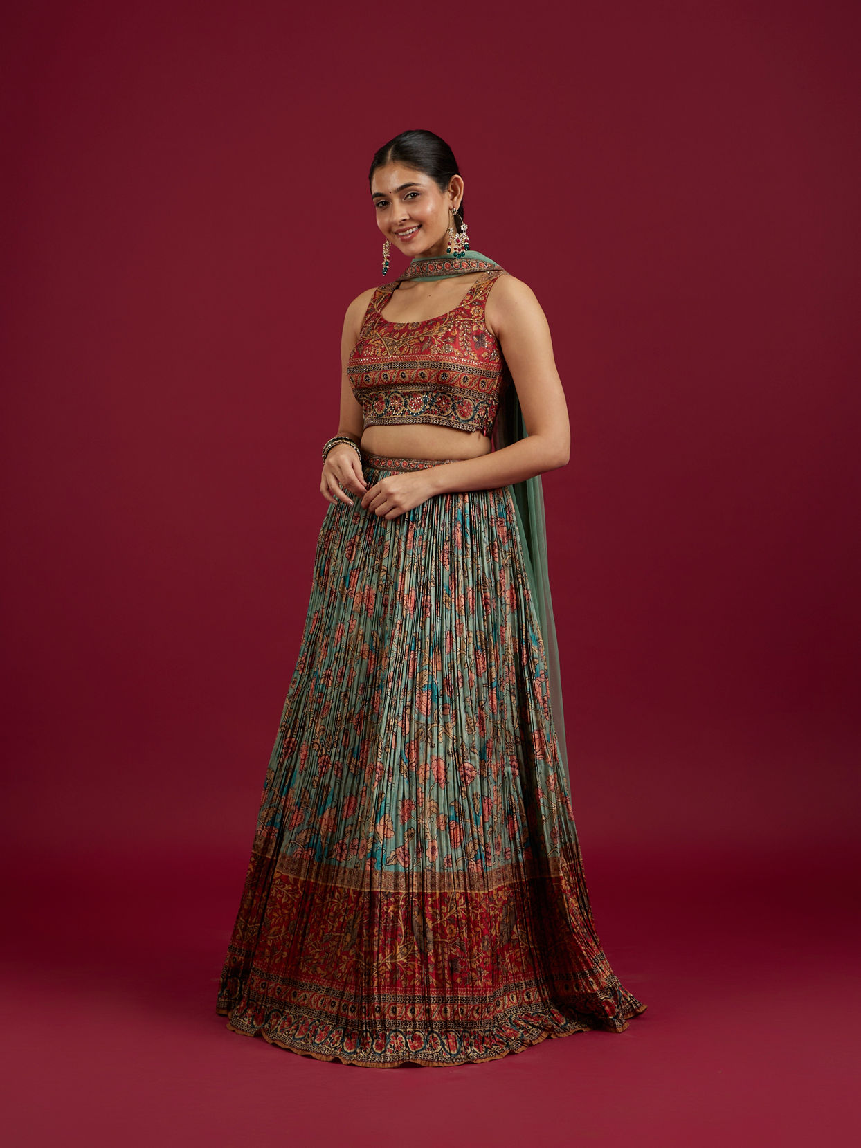 Mohey Women Sea Green and Rust Floral Printed Lehenga