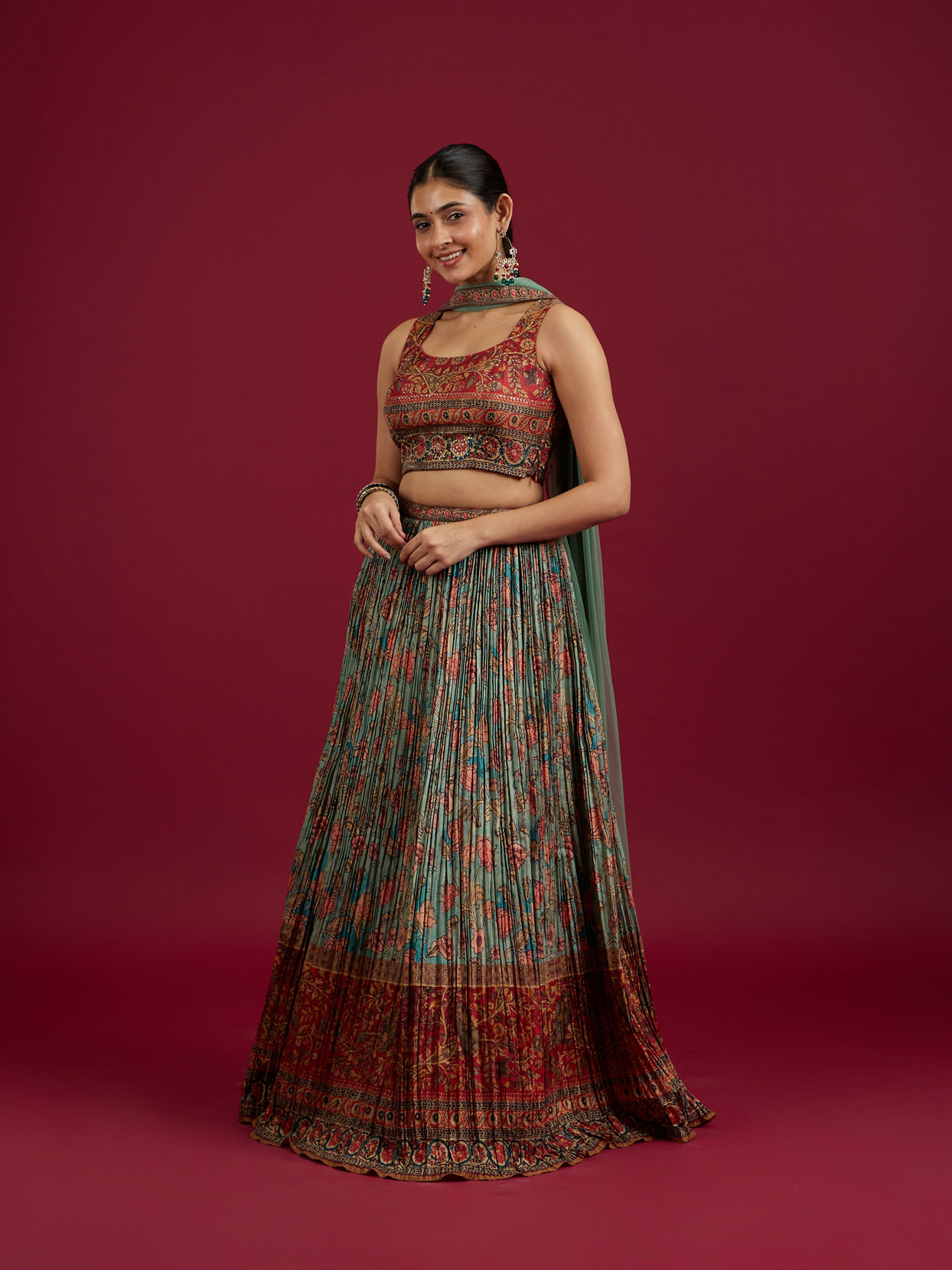 Mohey Women Sea Green and Rust Floral Printed Lehenga image number 2