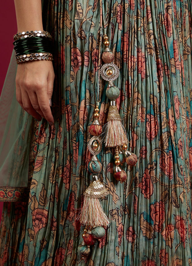 Mohey Women Sea Green and Rust Floral Printed Lehenga