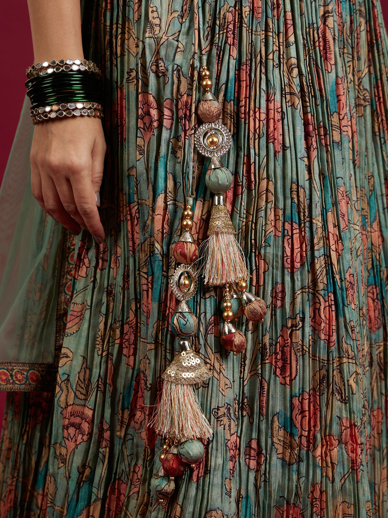 Mohey Women Sea Green and Rust Floral Printed Lehenga