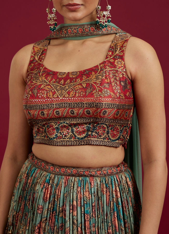 Mohey Women Sea Green and Rust Floral Printed Lehenga