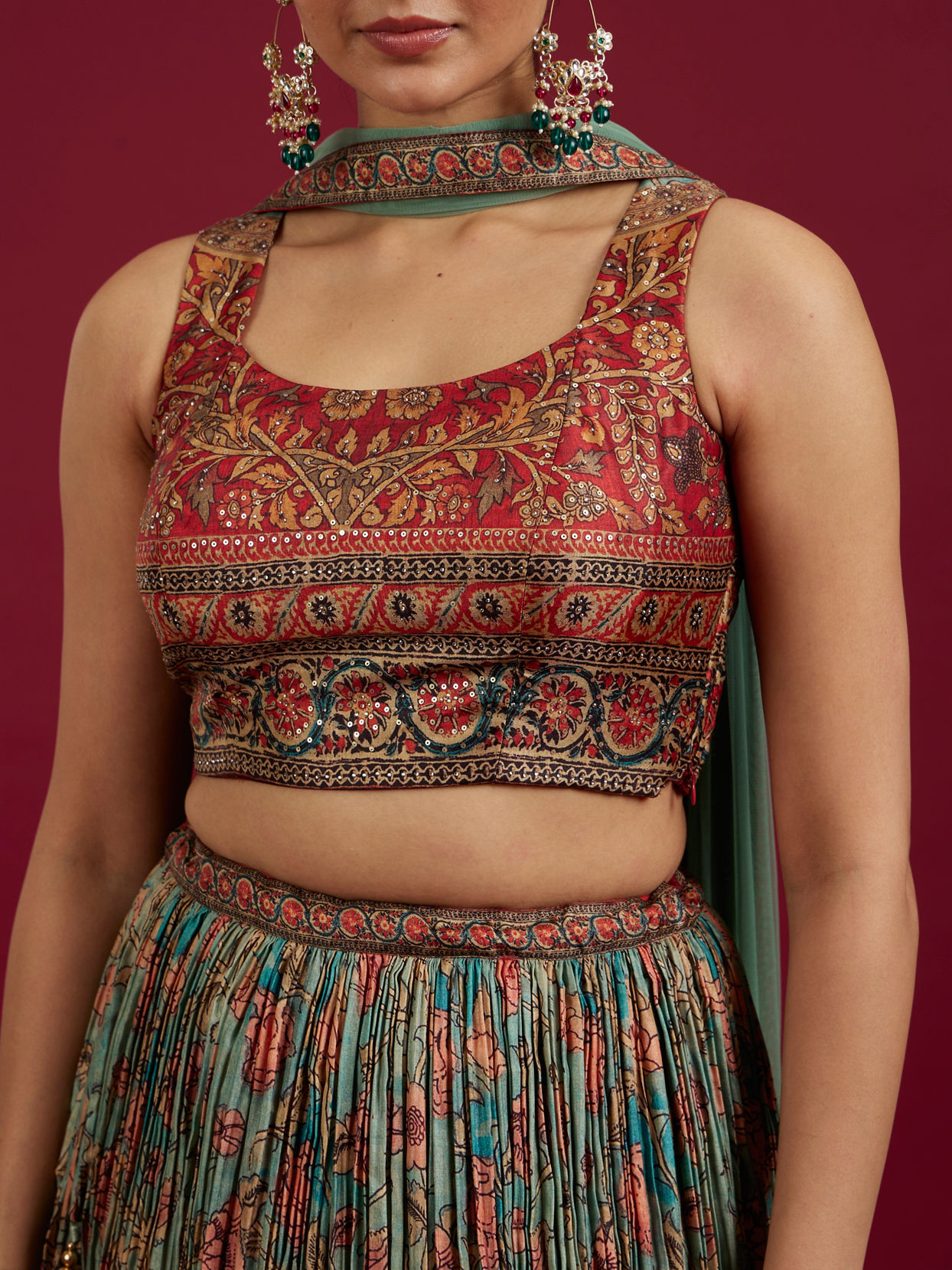 Mohey Women Sea Green and Rust Floral Printed Lehenga