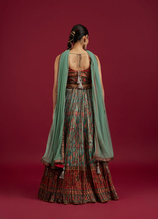 Mohey Women Sea Green and Rust Floral Printed Lehenga