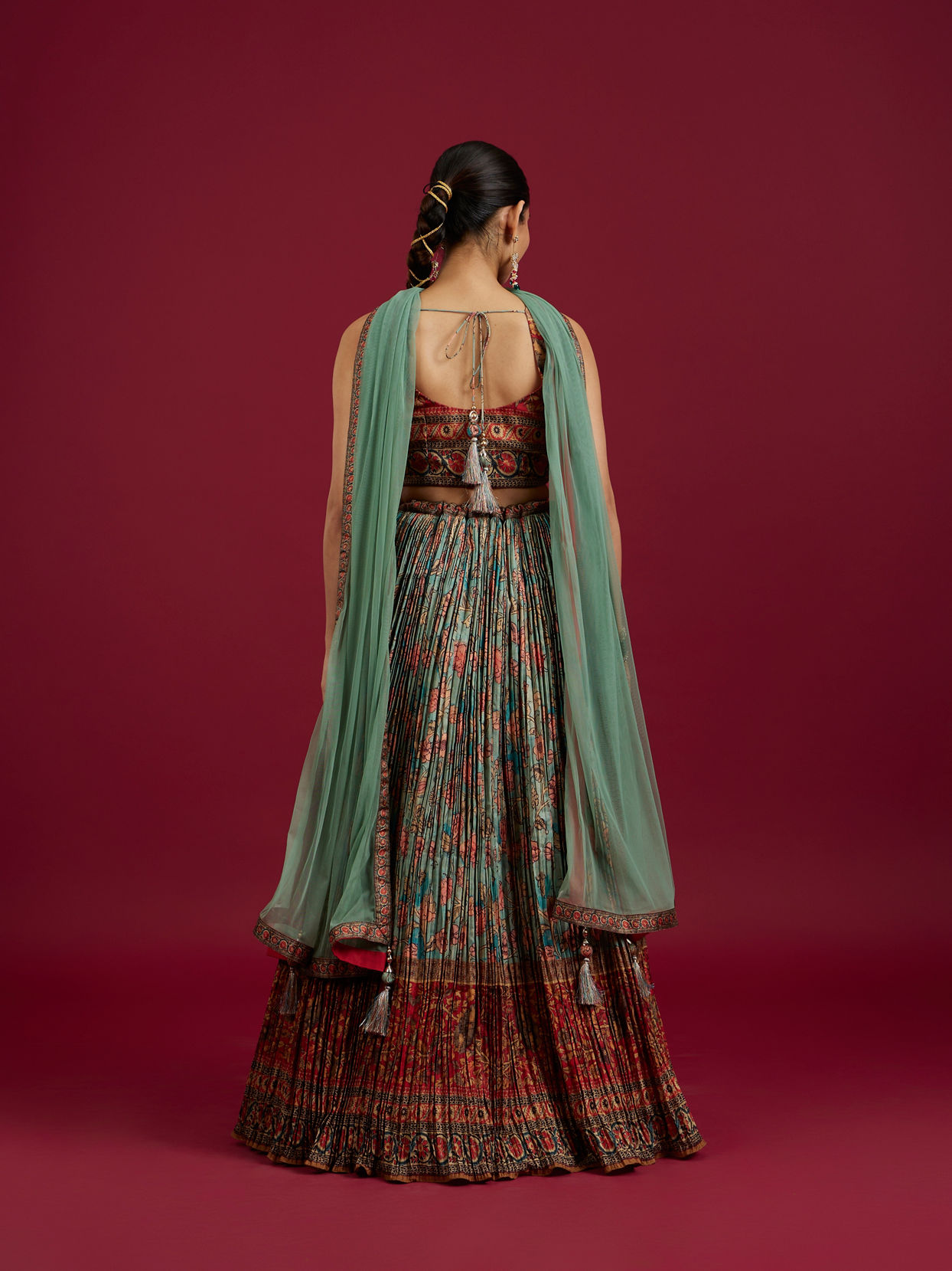 Mohey Women Sea Green and Rust Floral Printed Lehenga