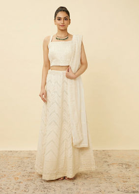 Mohey Women Pristine White Chevron Patterned Lehenga