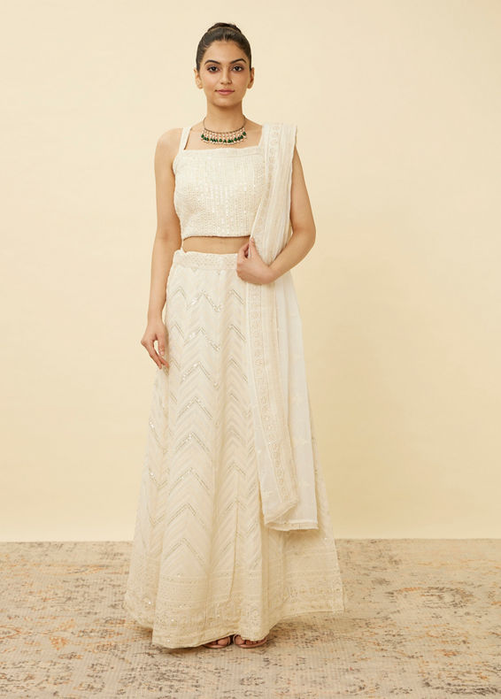 Mohey Women Pristine White Chevron Patterned Lehenga