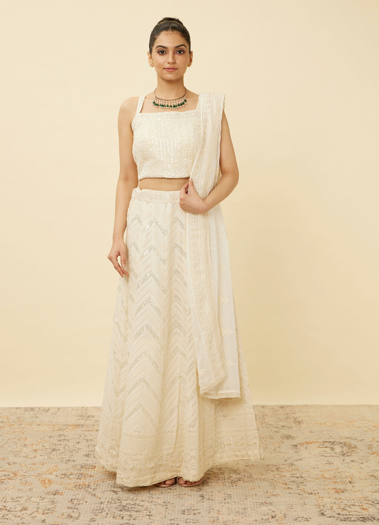 Mohey Women Pristine White Chevron Patterned Lehenga
