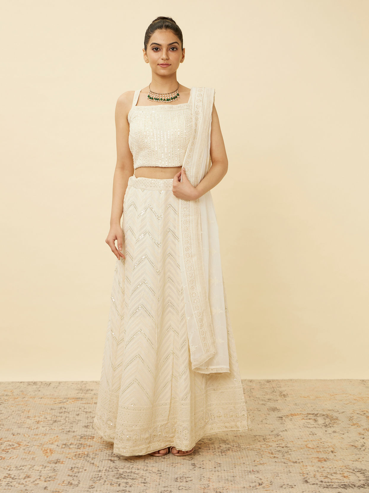 Mohey Women Pristine White Chevron Patterned Lehenga