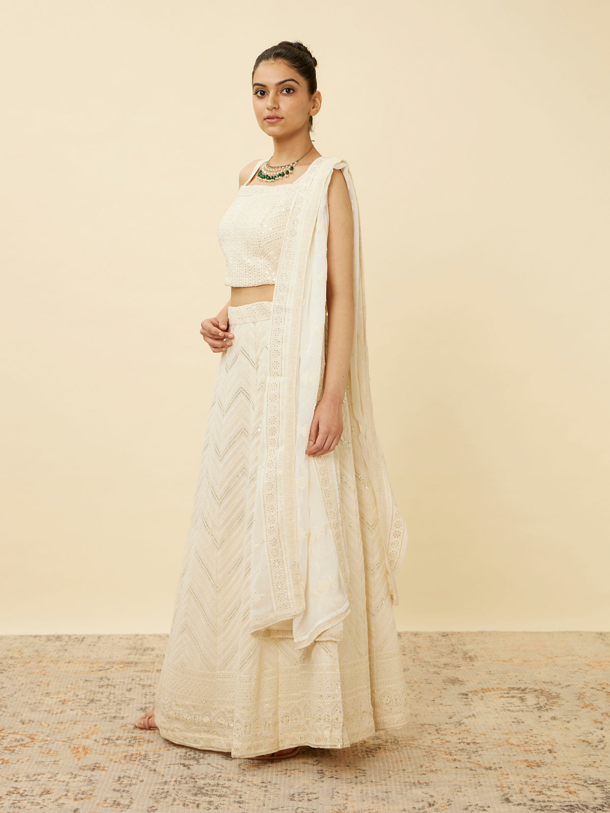 Mohey Women Pristine White Chevron Patterned Lehenga