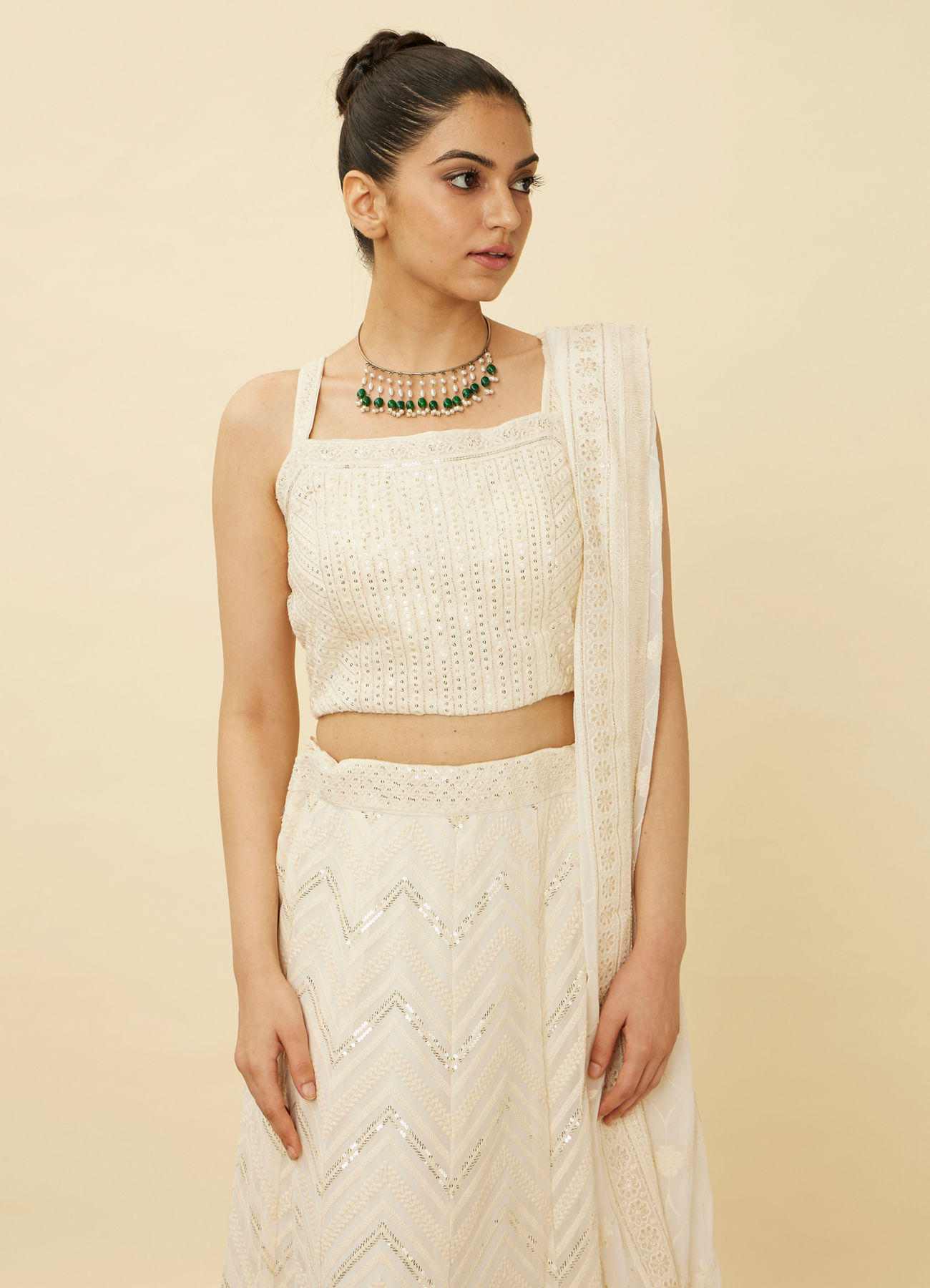 Mohey Women Pristine White Chevron Patterned Lehenga