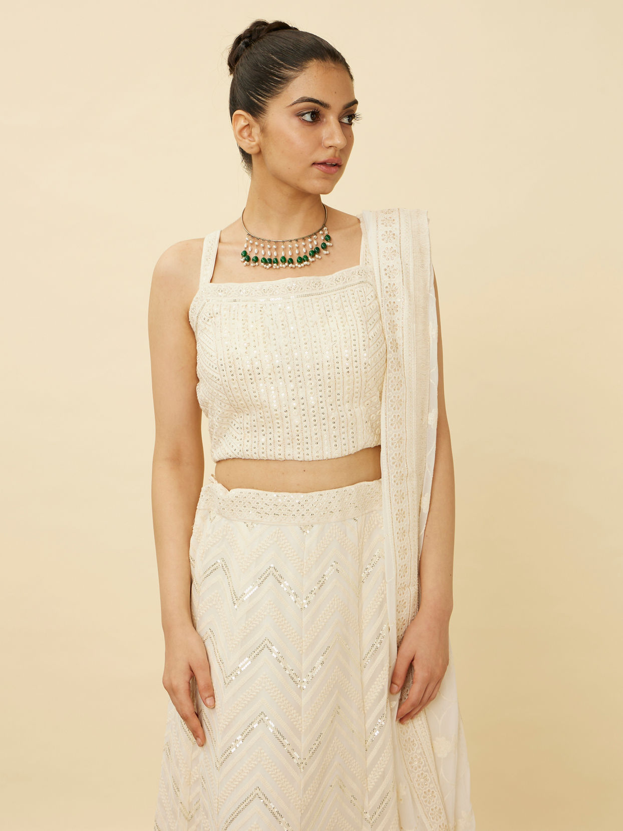Mohey Women Pristine White Chevron Patterned Lehenga