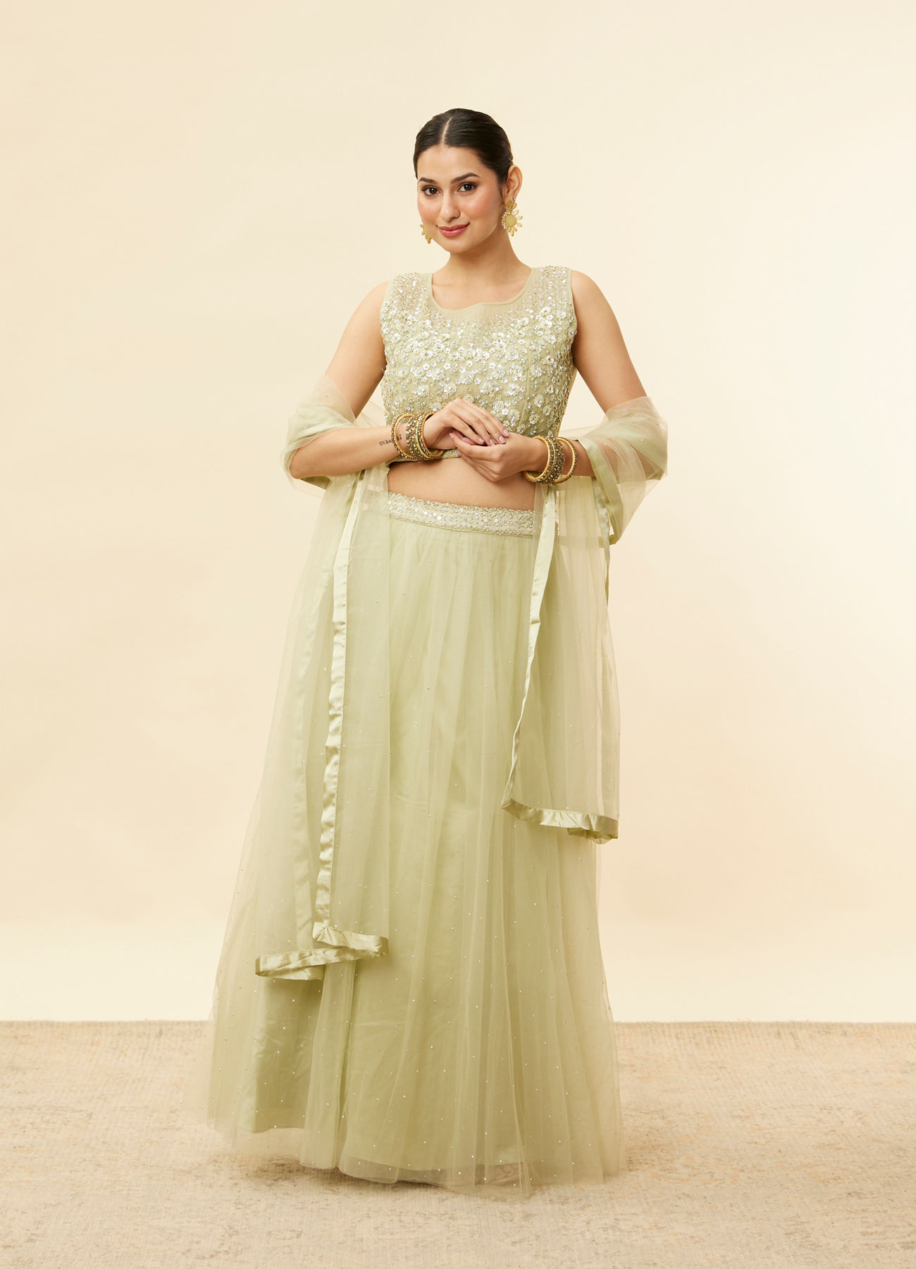 Mohey Women Pistachio Green Sequin and Stone Work Lehenga