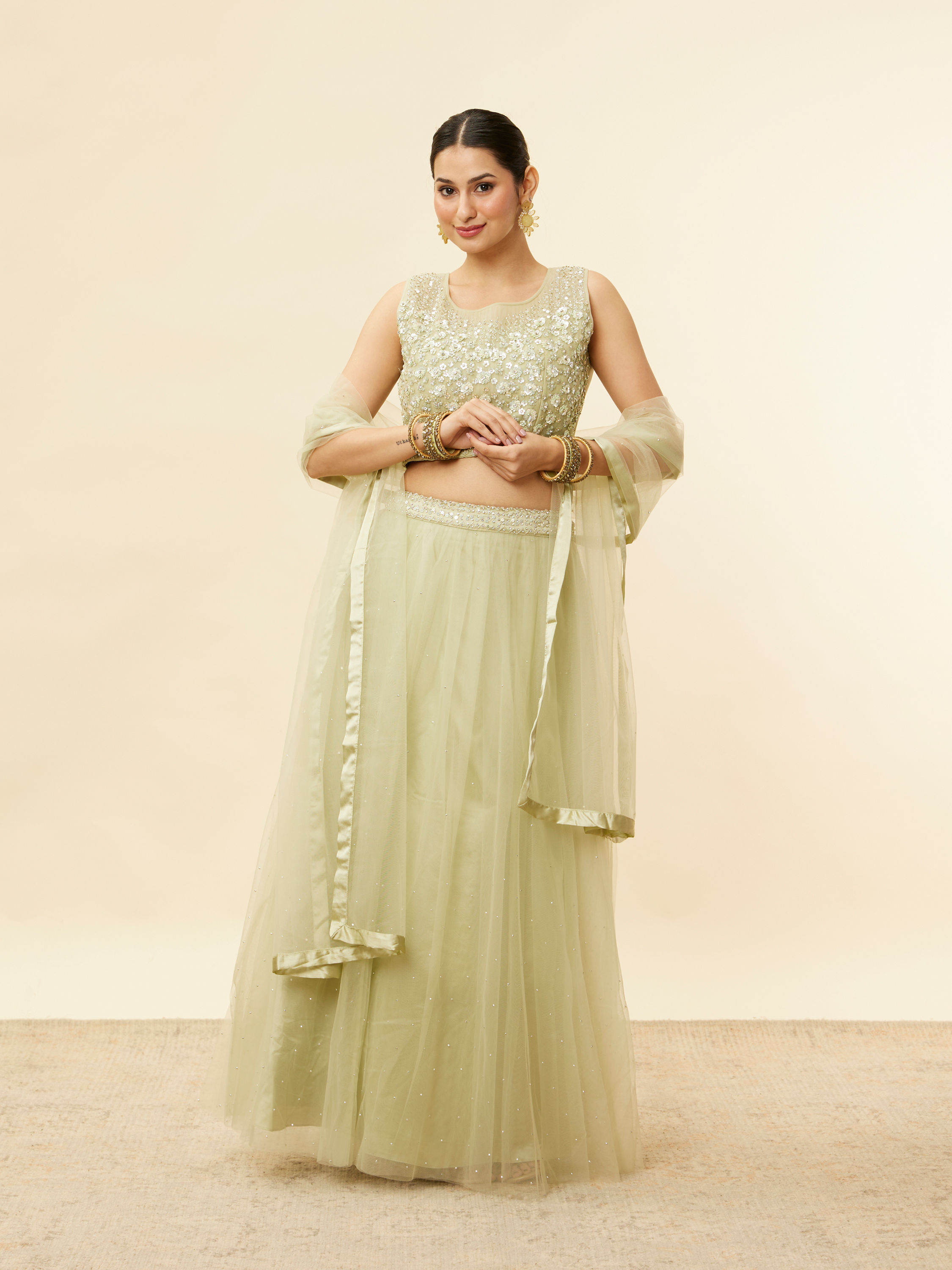 Mohey Women Pistachio Green Sequin and Stone Work Lehenga