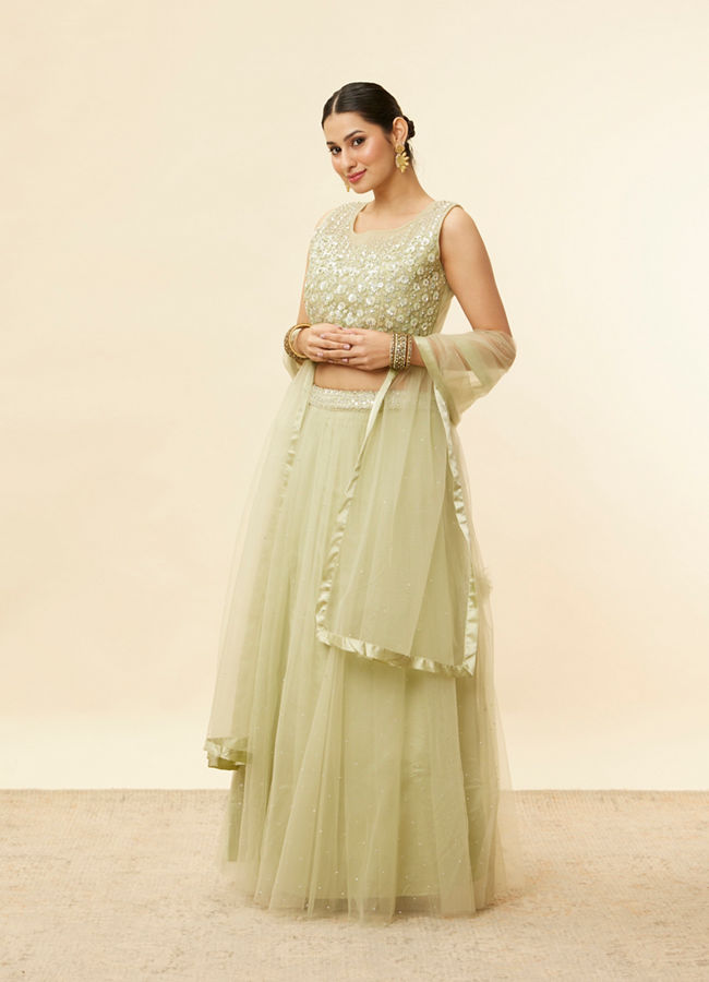 Mohey Women Pistachio Green Sequin and Stone Work Lehenga