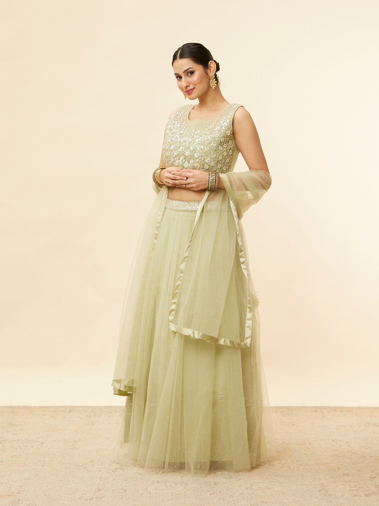 Mohey Women Pistachio Green Sequin and Stone Work Lehenga