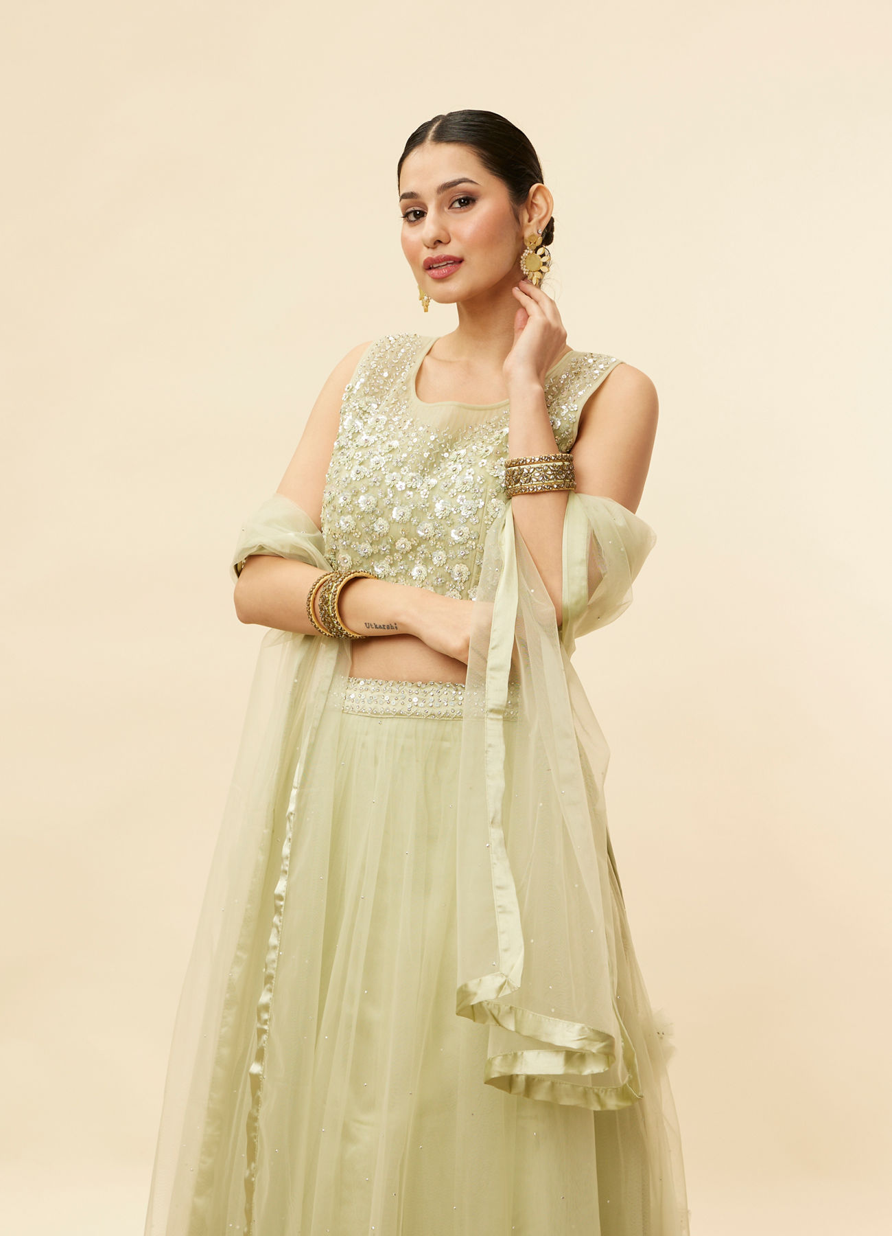 Mohey Women Pistachio Green Sequin and Stone Work Lehenga