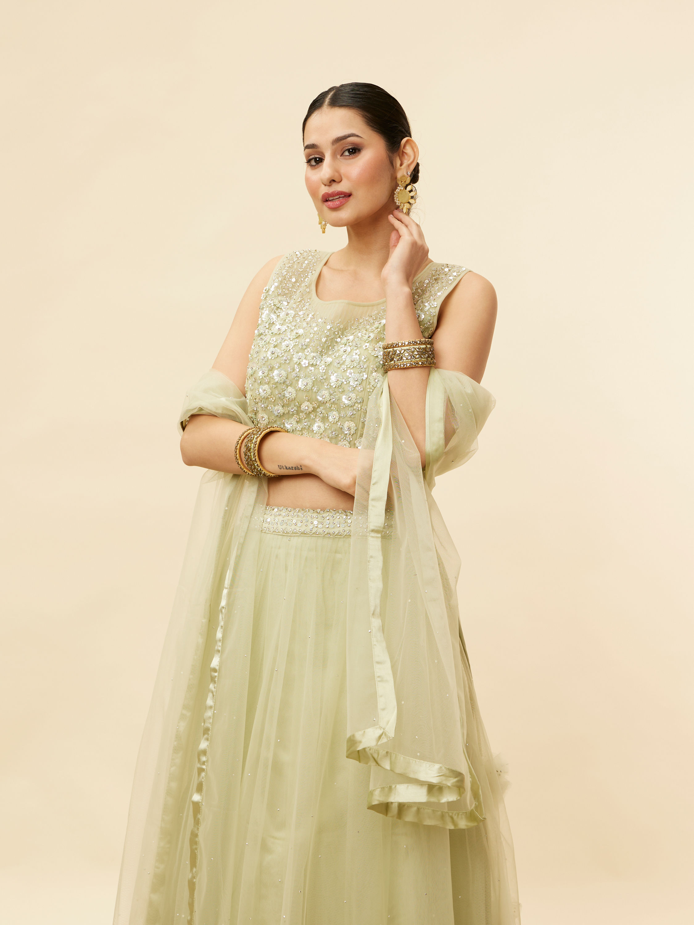 Mohey Women Pistachio Green Sequin and Stone Work Lehenga
