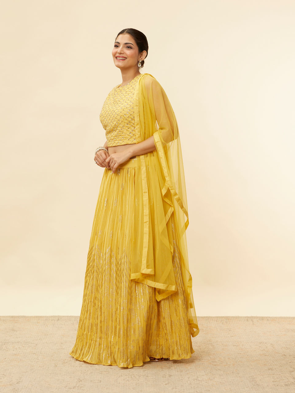 Mohey Women Crayola Yellow Foil Print Sequin Work Lehenga