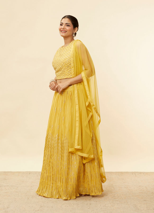 Mohey Women Crayola Yellow Foil Print Sequin Work Lehenga