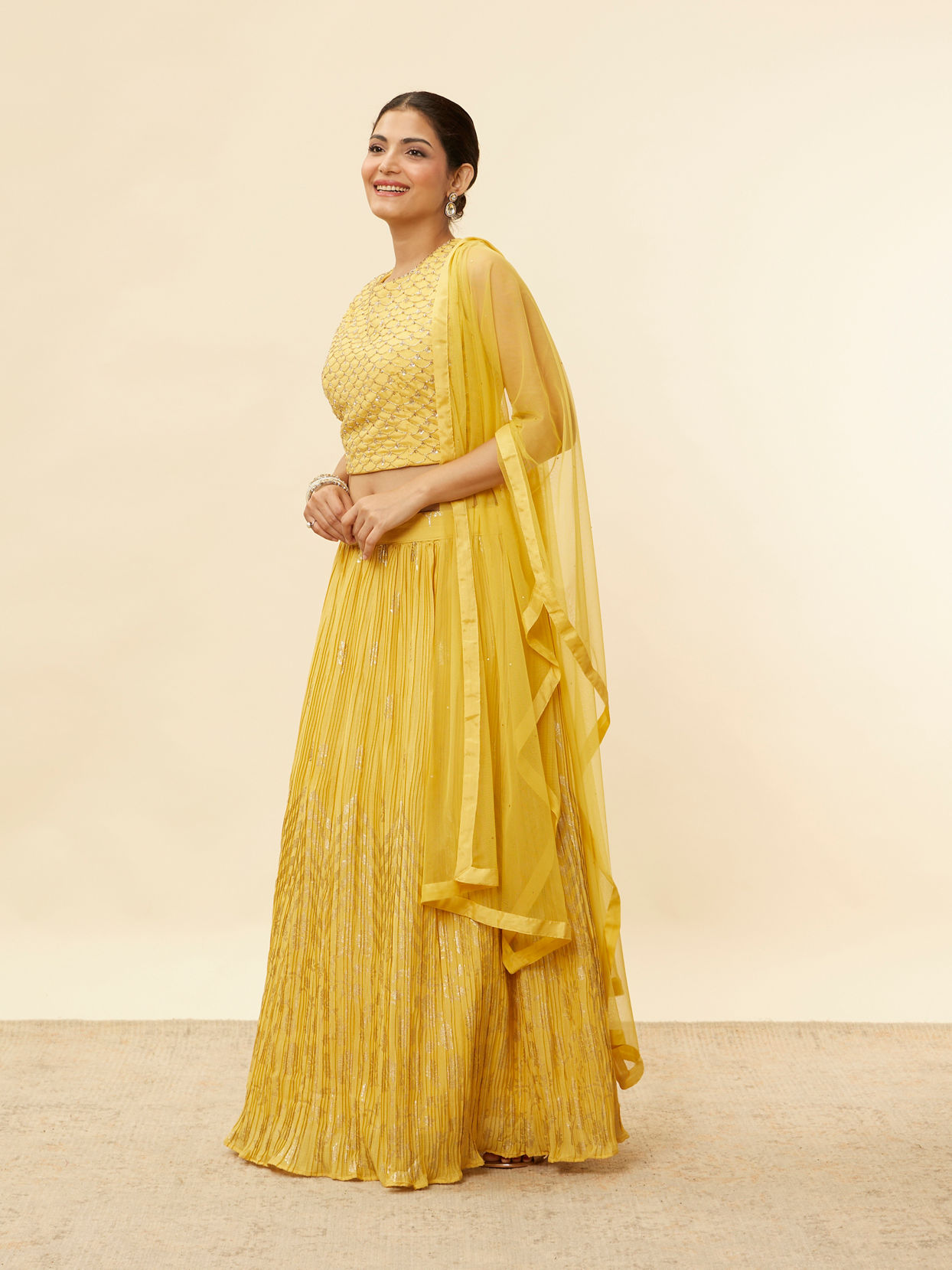 Mohey Women Crayola Yellow Foil Print Sequin Work Lehenga