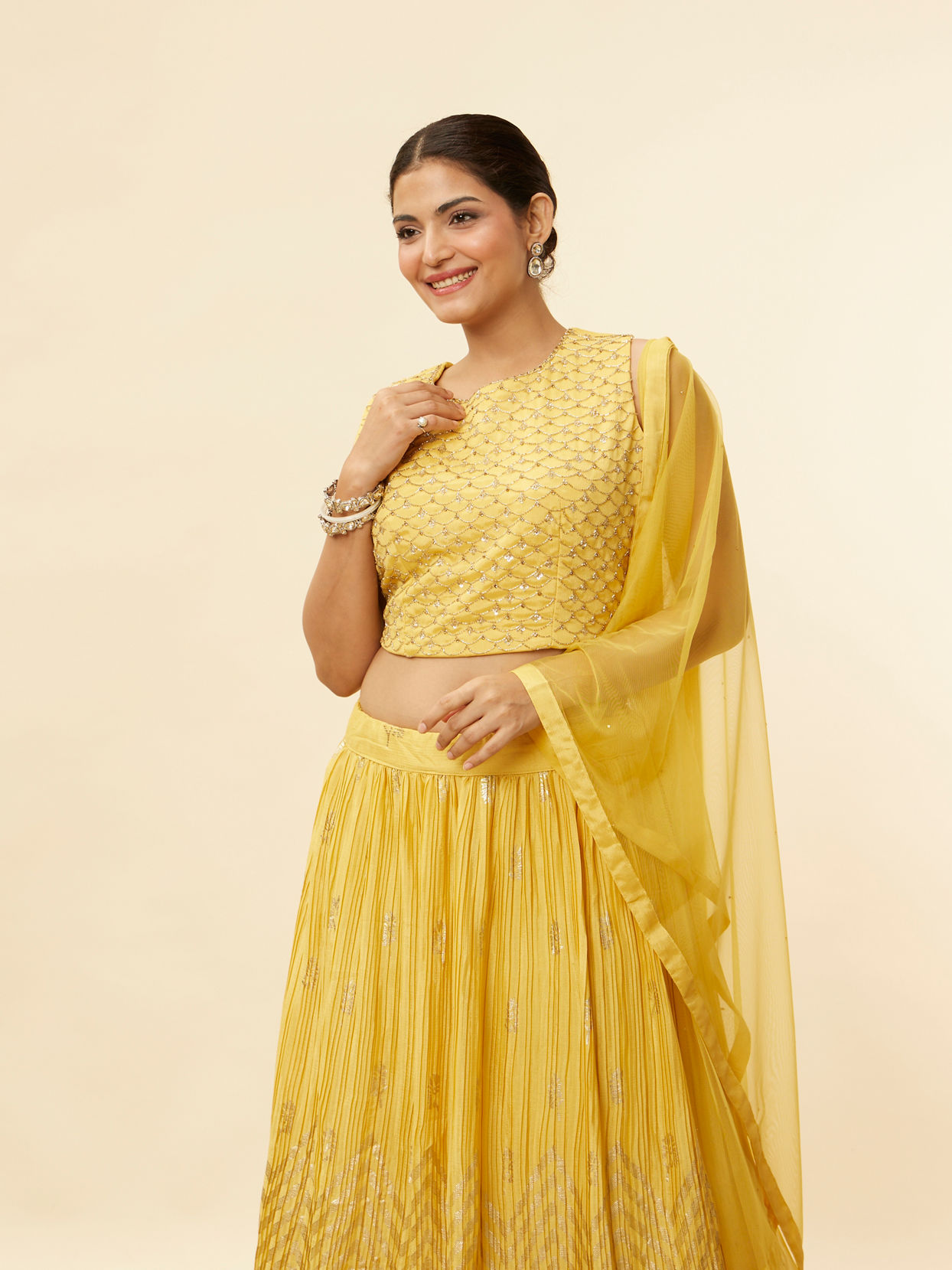 Mohey Women Crayola Yellow Foil Print Sequin Work Lehenga