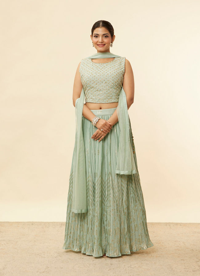 alt message - Mohey Women Sea Green Foil Print Sequin Work Lehenga image number 0