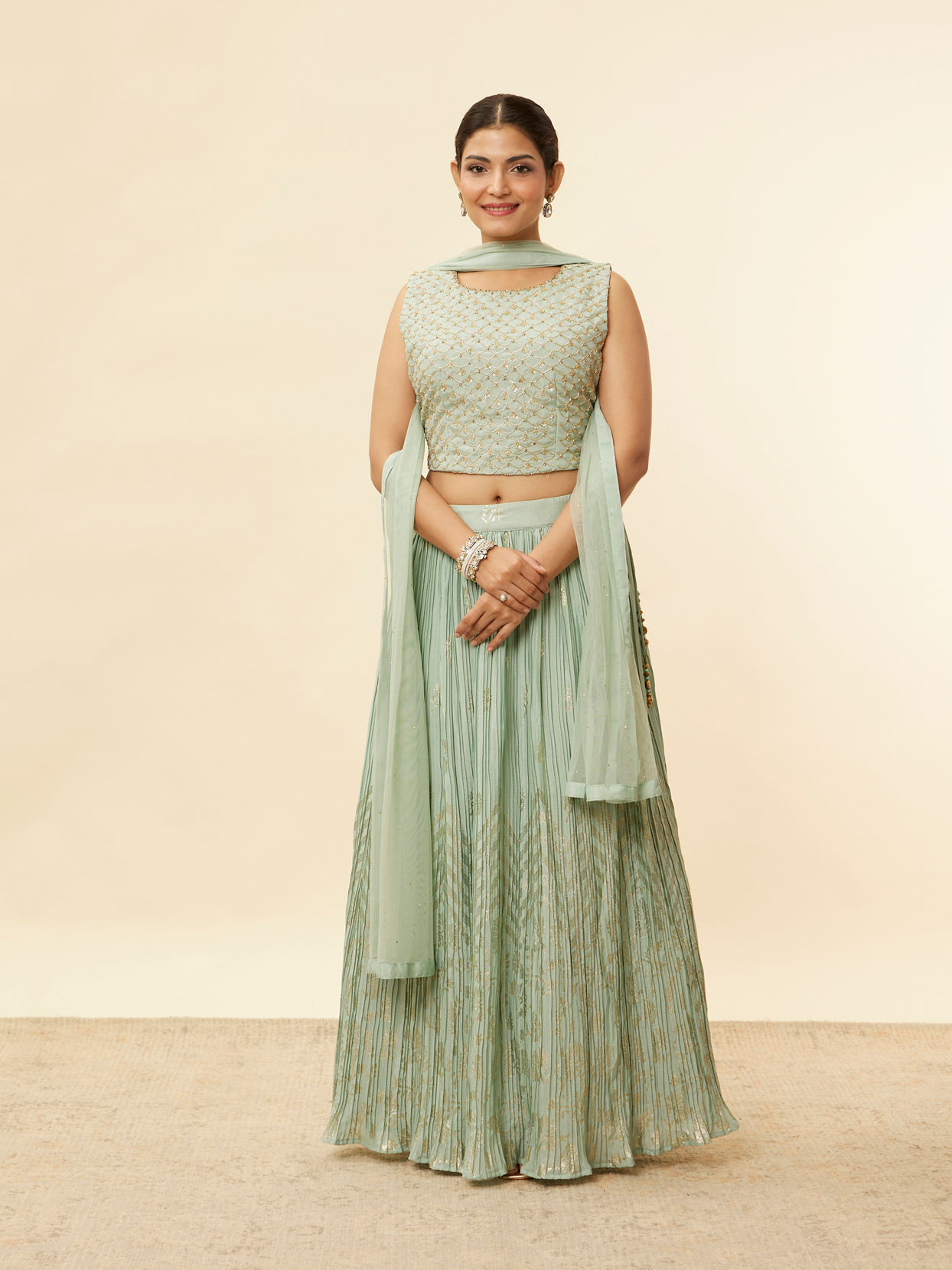 alt message - Mohey Women Sea Green Foil Print Sequin Work Lehenga image number 0