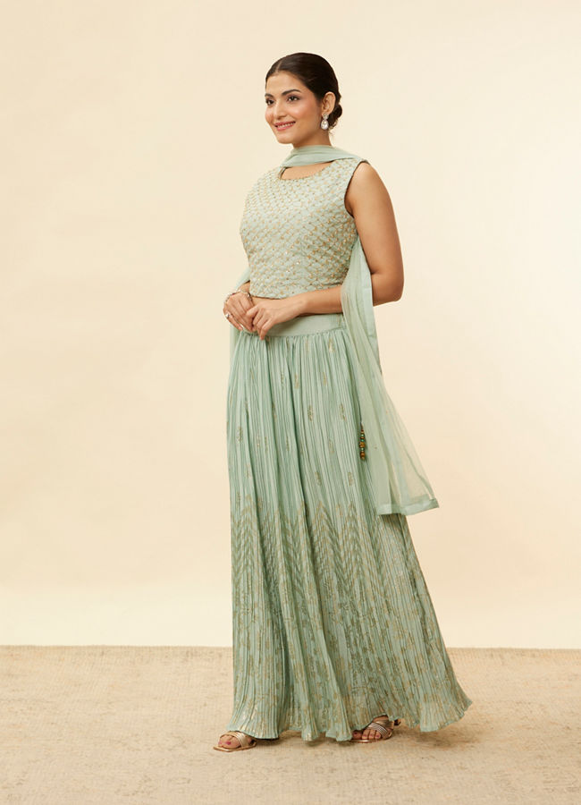 Mohey Women Sea Green Foil Print Sequin Work Lehenga