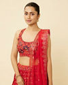 alt message - Mohey Women Fiesta Red Jaal Patterned Lehenga image number 1