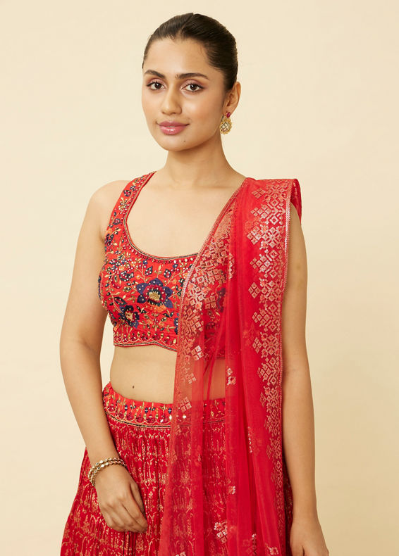 Mohey Women Fiesta Red Jaal Patterned Lehenga