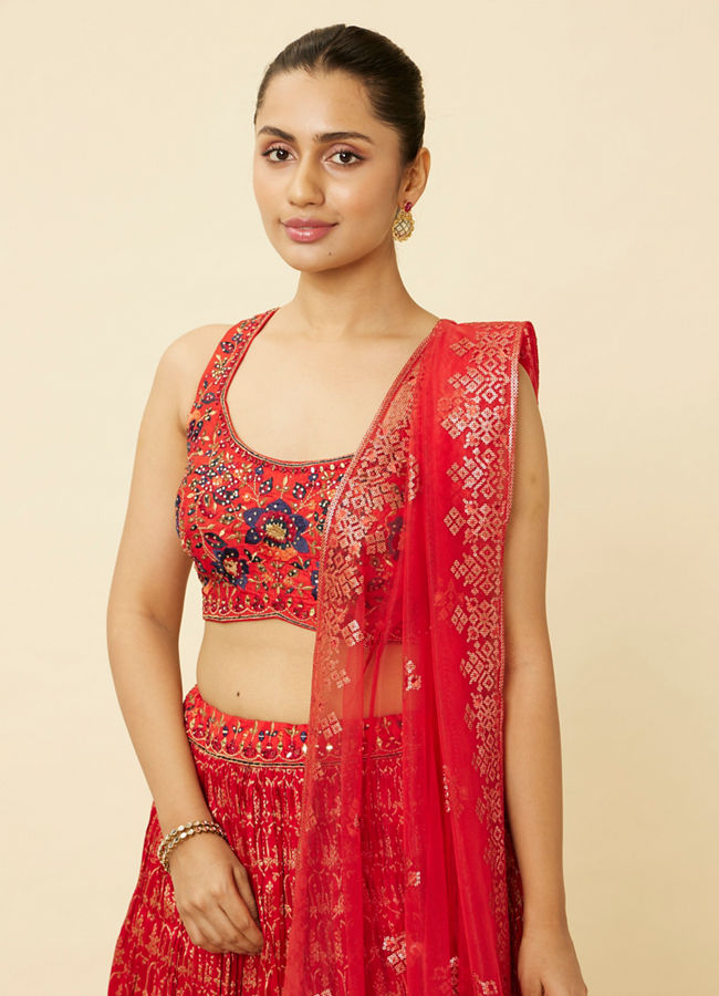 alt message - Mohey Women Fiesta Red Jaal Patterned Lehenga image number 1