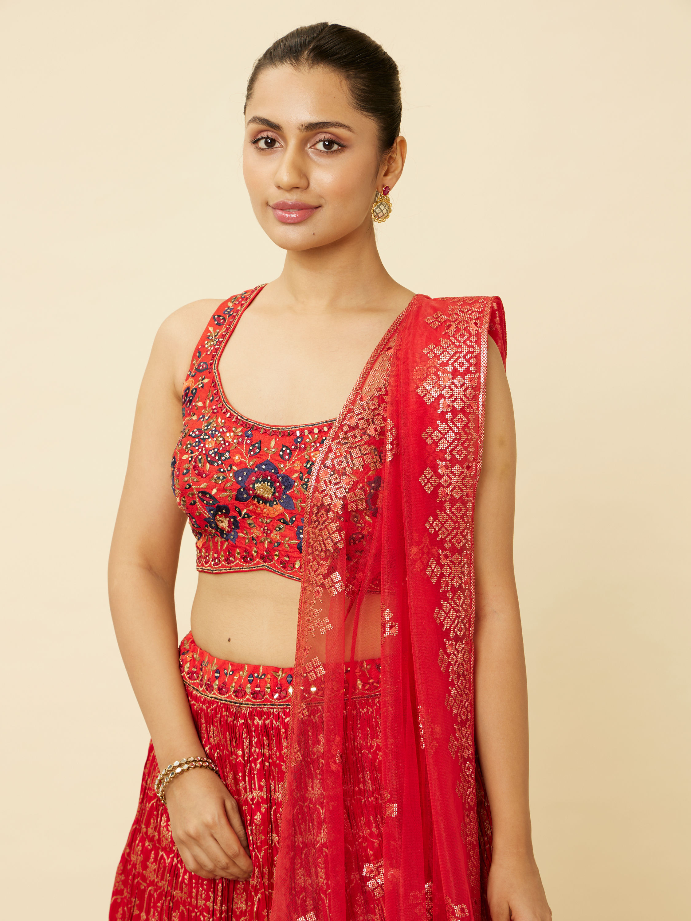 Mohey Women Fiesta Red Jaal Patterned Lehenga