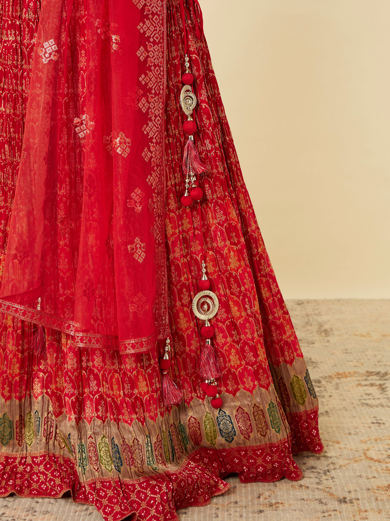 Mohey Women Fiesta Red Jaal Patterned Lehenga