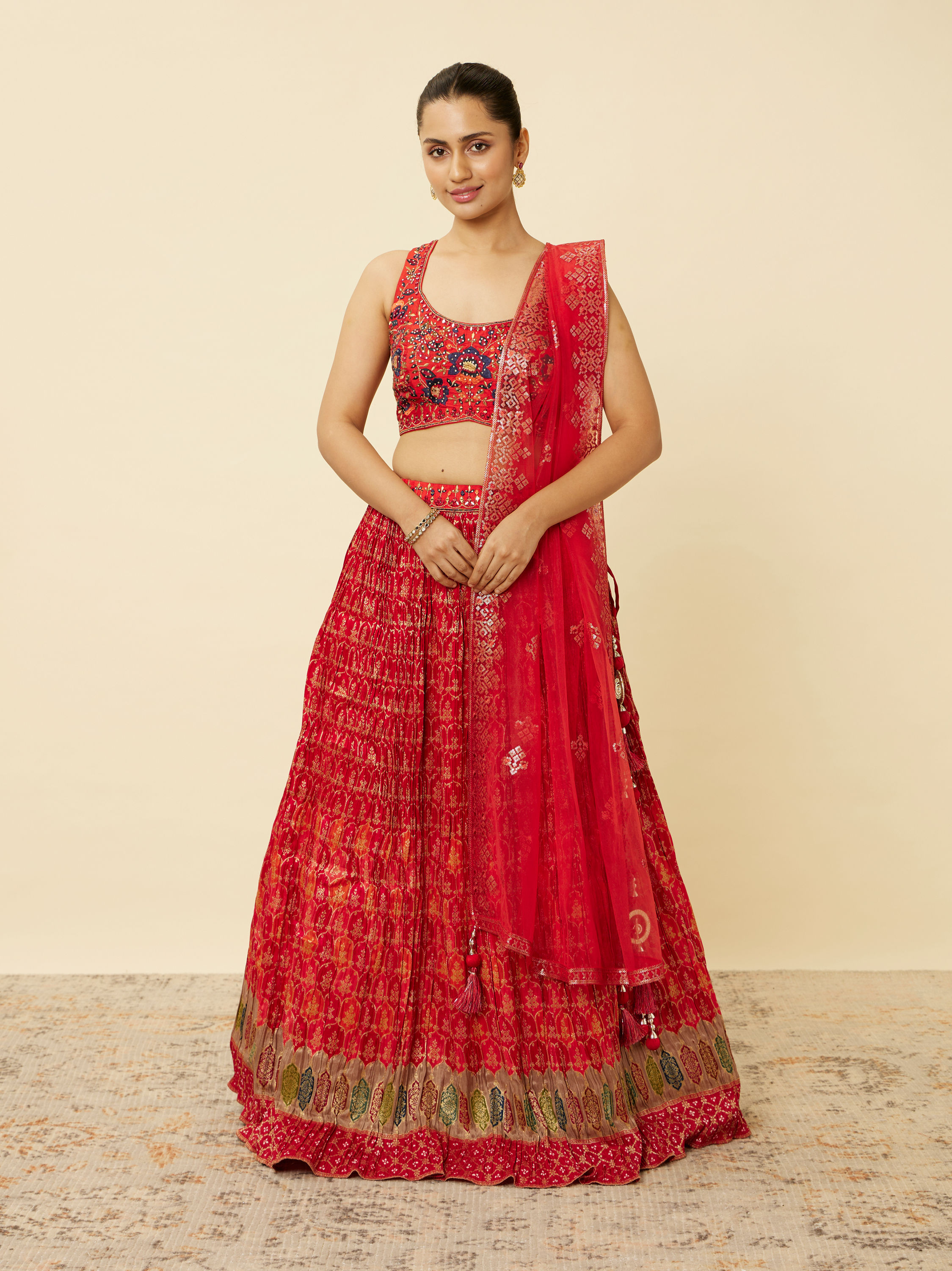 Mohey Women Fiesta Red Jaal Patterned Lehenga