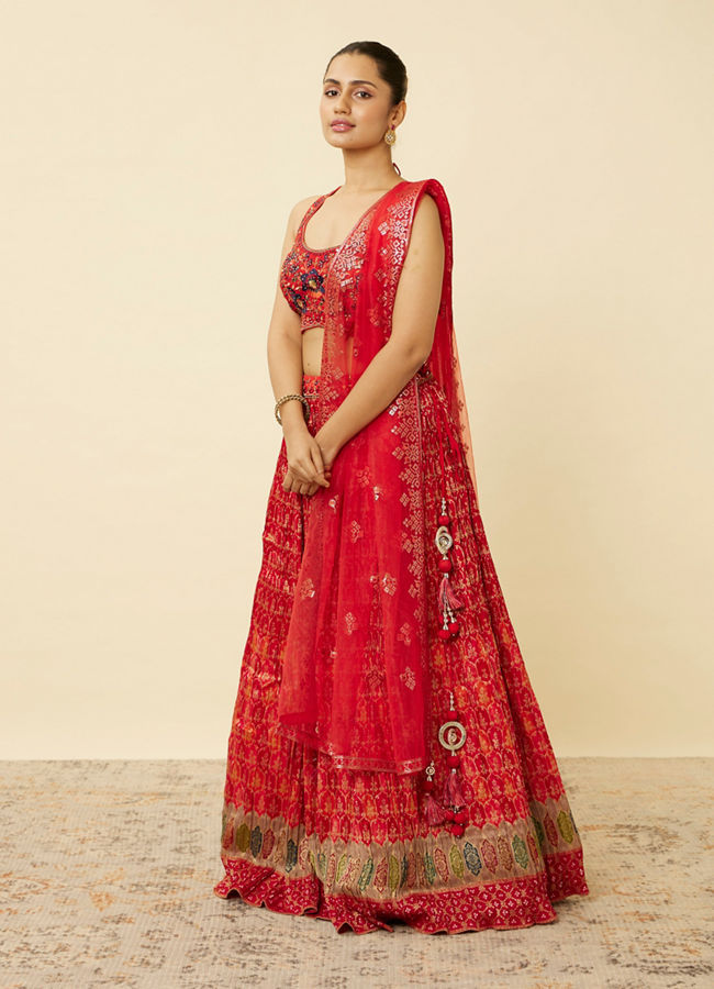 alt message - Mohey Women Fiesta Red Jaal Patterned Lehenga image number 2