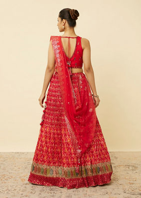 alt message - Mohey Women Fiesta Red Jaal Patterned Lehenga image number 3