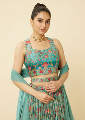 alt message - Mohey Women Sea Green Floral Printed Lehenga image number 1