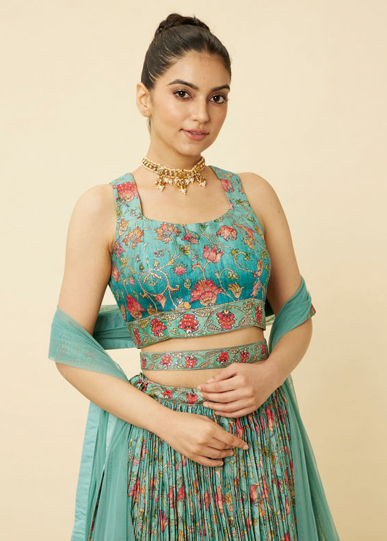 Mohey Women Sea Green Floral Printed Lehenga