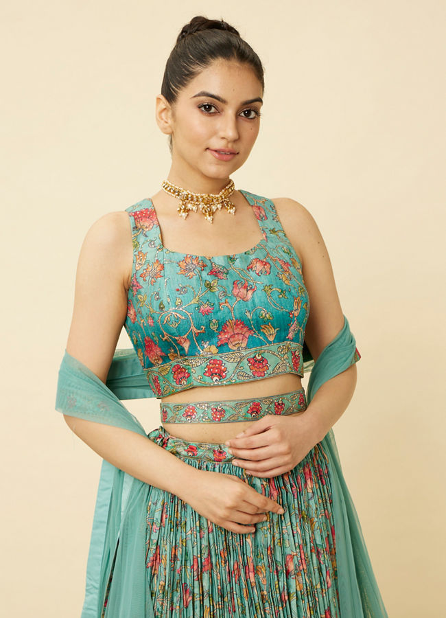 alt message - Mohey Women Sea Green Floral Printed Lehenga image number 1