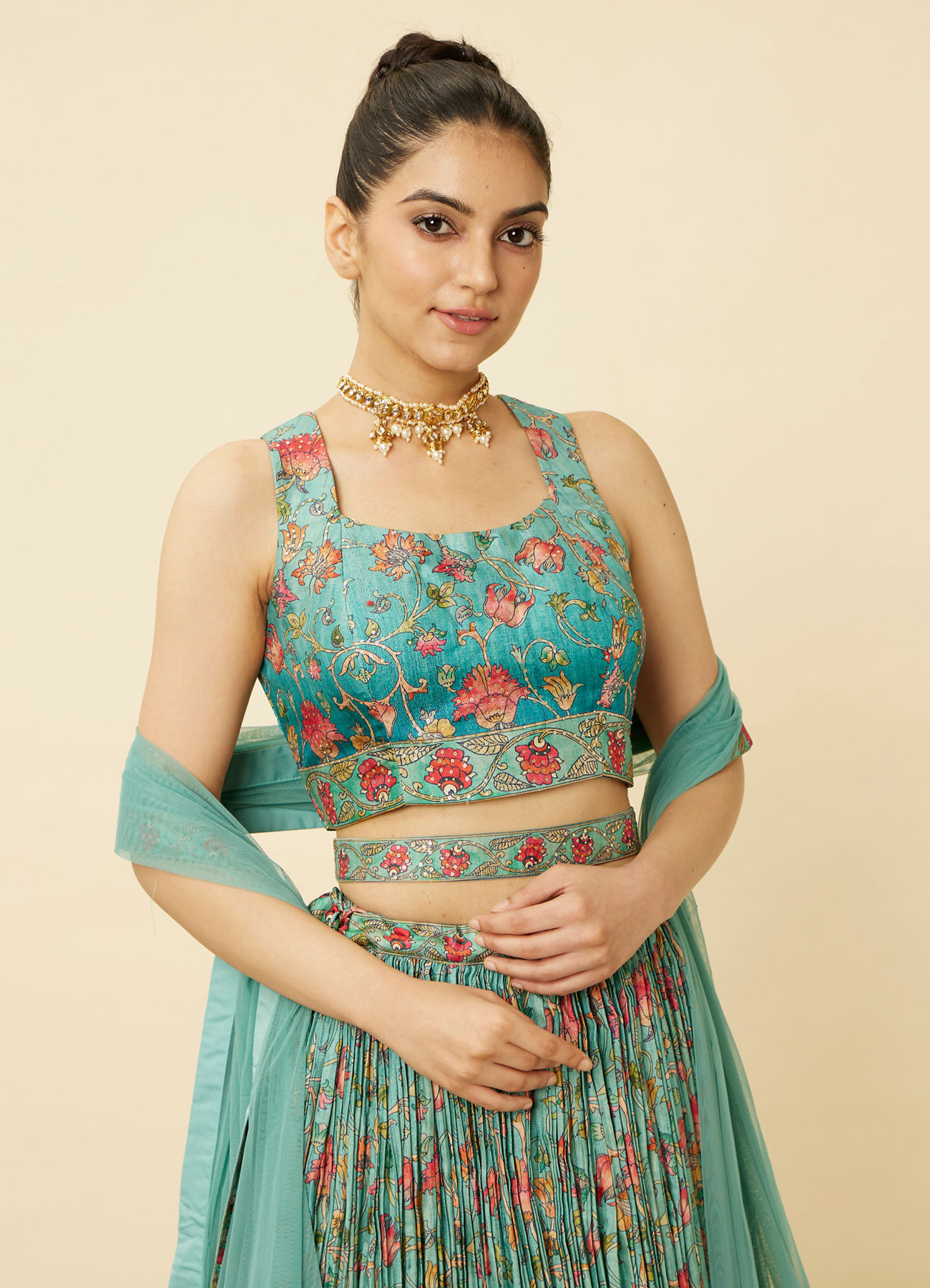Mohey Women Sea Green Floral Printed Lehenga