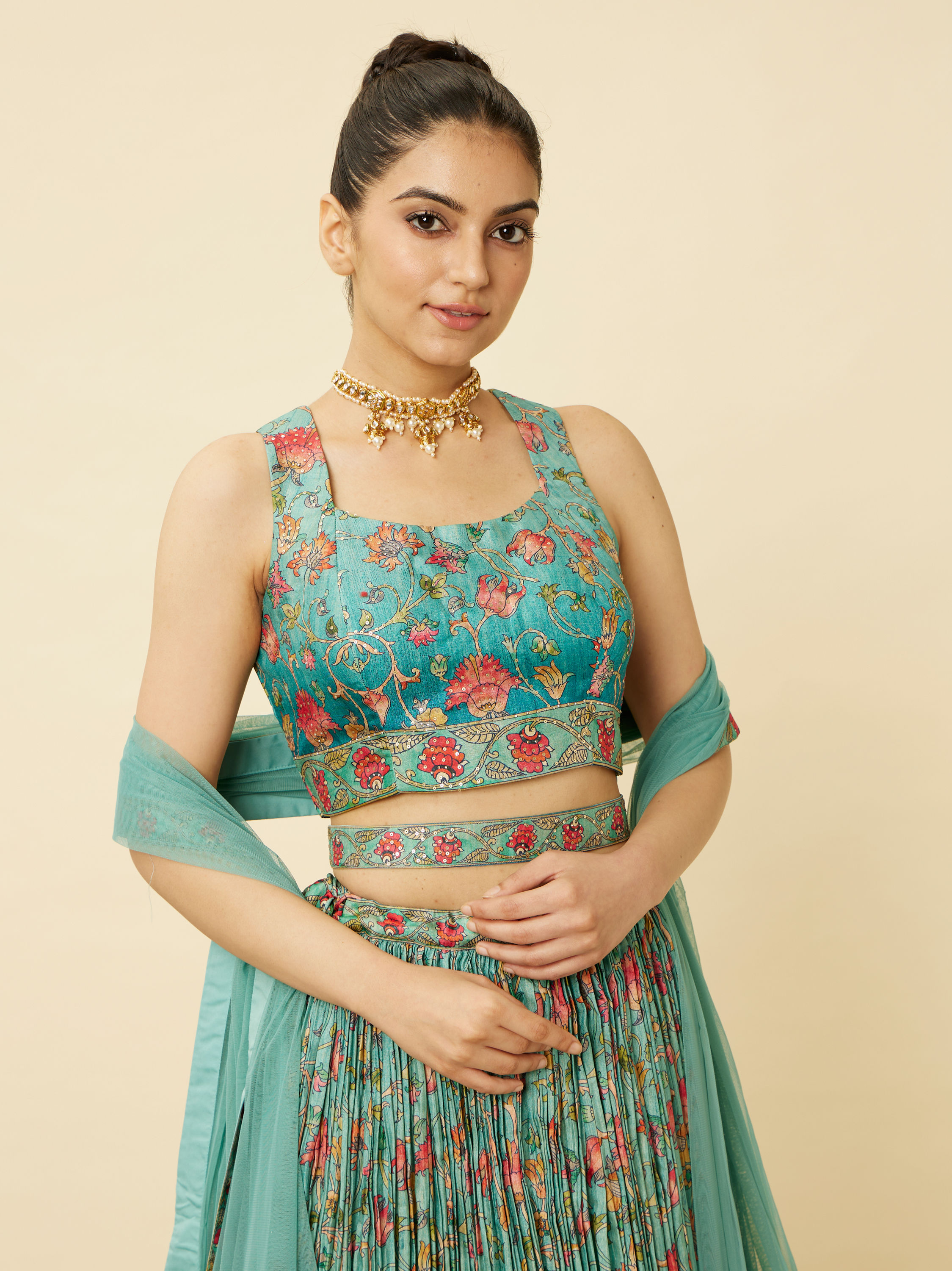 Mohey Women Sea Green Floral Printed Lehenga